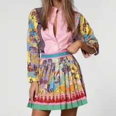 Feminino Vintage Impresso Conjuntos De Duas Peças Primavera Outono Camisa De Manga Comprida Topo Plissado Mini Saia Tern