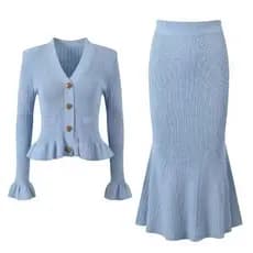 Feminino Elegante Malha Conjuntos De Duas Peças Primavera Outono Com Decote Em V Manga Longa Camisola Cintura Alta Saia