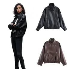 Mulheres Vintage Solto Jaqueta De Couro Falso Outono Inverno Manga Longa Streetwear Casual Casaco Curto Feminino Preto M