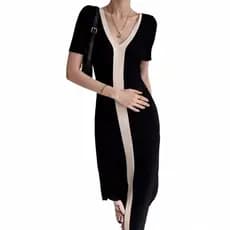 Vestido De Malha Vintage Feminino Moda Com Decote Em V Fino Manga Curta Listrado Fenda Vestidos Longos Senhoras Elegante