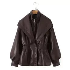 Primavera Auutmn Vintage Jaqueta De Couro Feminino Fino Cintura Alta Plissado Casaco Curto Elegante Outwear