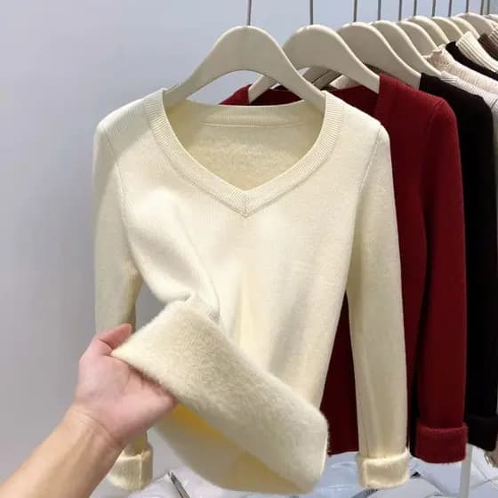 Auutmn Inverno Feminino Causal Camisola De Malha Manga Longa Com Decote Em V Forro De Lã Grosso Quente Topo Fino T Camis