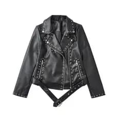 Mulheres Streetwear Motociclista Jaqueta Primavera Outono Rebite Casaco De Couro Falso Feminino Manga Longa Preto Do Plu