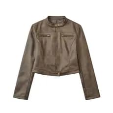 Vintage Marrom Curto Jaqueta De Couro Feminino Primavera Outono Manga Longa Zíper Colheita Casaco Streetwear Y2k Outwear