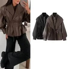 Mulheres Jaqueta De Couro Fino Primavera Outono Manga Longa Turn Down Colarinho Cintura-cinching Design Casaco Falso Fem