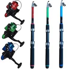 Kit De Pesca  Com Três Varas Telescópica de 1,70m Mais Três Molinetes  com Linha Para  Pesqueiro, Rios E Lagos
