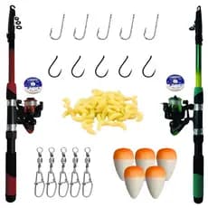 Kit Completo De Pesca Com Varas Telescópicas 1,70m Molinetes Um Rolamento Anzois Chinu e Nickel Iscas Artificiais Larva.
