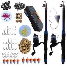 Kit de Pesca Completo > com estojo com repartições para organização> 2 Varas mais 2 molinetes C/Linha, Iscas, anzol etc.