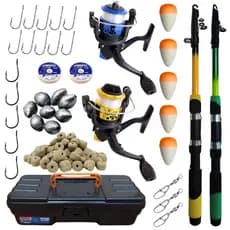 kit Barato Pesca com 2 Varas Telescópica 1,70m +2 Molinetes Ultra Light +1 Maleta + Acessórios iscas, boias, chumbadas