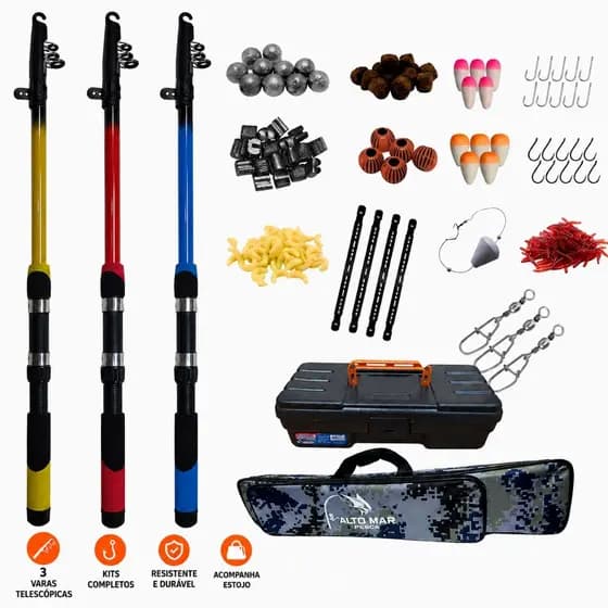Kit Completo de Pesca com 3 Varas e 3  Molinetes com Bolsa e Maleta Para Seus Acessórios em Super Oferta