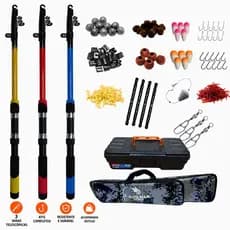 Kit Completo de Pesca com 3 Varas e 3  Molinetes com Bolsa e Maleta Para Seus Acessórios em Super Oferta