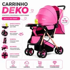 Carrinho de passeio Infantil Feminino Rosa DEKO Dobrável com Bandeja Musical Capota Protetora Cinto 5 Pontos e Cesto