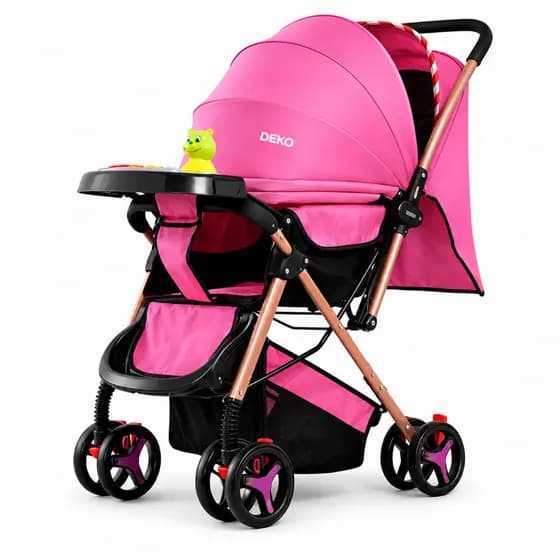 Carrinho de Bebê Rosa Feminino com Capota Retrátil Bandeja Musical Rodas 360° e Cesto Porta Objetos