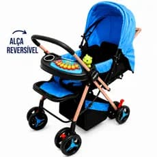 Carrinho de Bebê Compacto Dobrável Masculino Azul Preto com Bandeja Musical Capota Retrátil e Rodinhas 360°