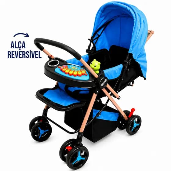 Carrinho de Bebê Masculino Compacto Dobrável com Bandeja Musical Capota e Rodinhas Azul Preto