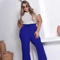 Wide Leg Calça Pantalona Feminina Plus Size Alfaitaria Duna Cintura Alta Com Elástico e Bolso Social
