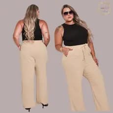 Wide Leg Calça Pantalona Duna Feminina Plus Size Alfaitaria Fashion Cintura Alta Com Bolso Social