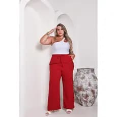 Calça Pantalona Wide Leg Cintura Alta Elástico na Cintura Social Com Bolso Social Lisa Duna Solta