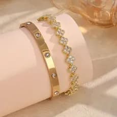 Conjunto Bracelete de Aço Inoxidável e Pulseira Feminina Acessórios Femininos kit Dourado prata