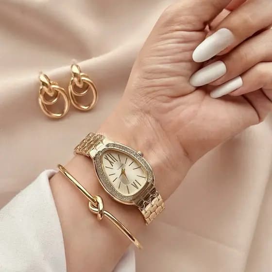 Conjunto com Relógio Feminino Dourado Bracelete e Brincos Acessórios Kit relogio Pulseira Feminina