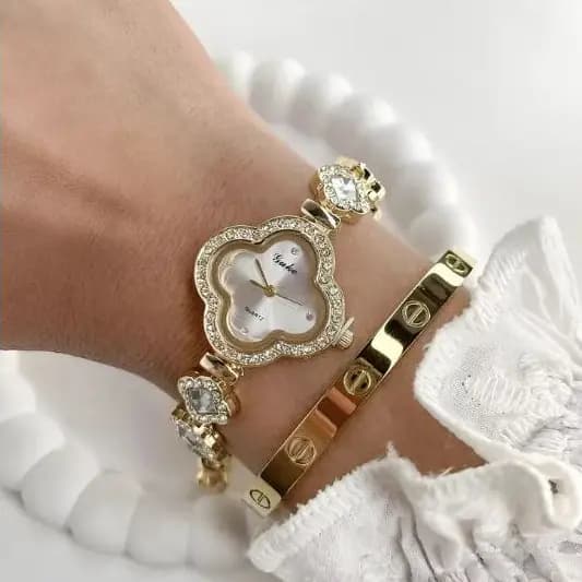 2 Peças Conjunto de Relógio de Trevo Brilhante e Bracelete Dourado Prata Acessórios Femininos Kit