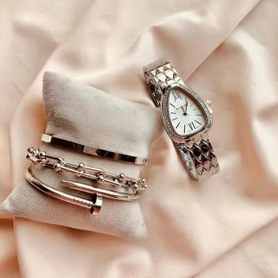 Conjunto de Relógio Braceletes e Pulseira Feminina Prata Aço Inoxidável Acessórios Femininos Relogio
