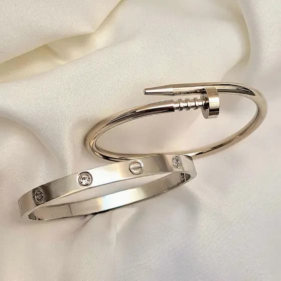 2 Peças Conjunto de Braceletes Prata de Aço Inoxidável com Brilho Acessórios Femininos Pulseira kit