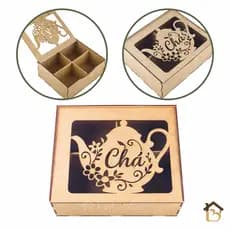 Caixa Porta Chá Decorativa com 4 Compartimentos MDF Corte a Laser