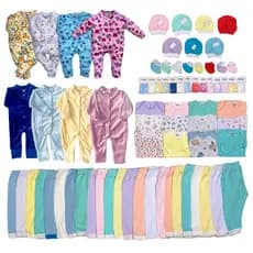 Super Kit 50 Peças de Bebê Body Macacão Calça Mijão Luvas Toucas e Meias Liso e Estampado Enxoval Maternidade