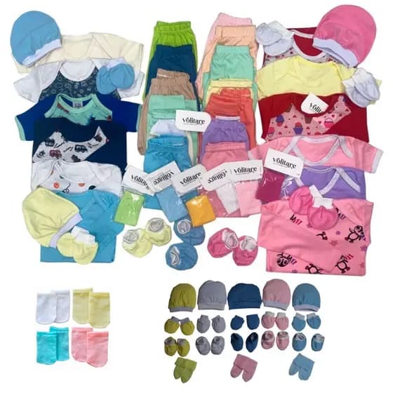 Kit 36 peças enxoval maternidade body Liso e Estampado mijão calça meia touca luva completo