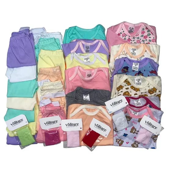 Kit c/ 30 pcs Body Bebê Estampado e Liso + Calça + Meias Enxoval Maternidade