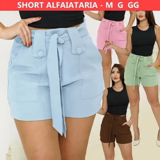 Short Alfaiataria Feminino Social Tendencia - Ziper na lateral e Laço removivel