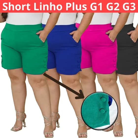 Short Feminino Plus Size Elástico Na Cintura Tecido Linho Cintura Alta  Social