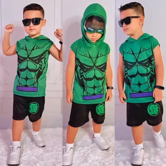 Conjunto Infantil Camisa + Bermuda Fantasia Hulk Menino