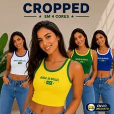 Regata Feminina Brasil Cropped Canelado Slim Estilo Copa Verão