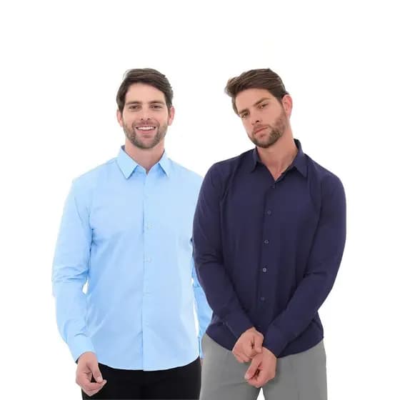 KIT Masculino 2 Peças - Camisa Social Premium Tipo Linho Azul Claro e  Camisa Social Slim Azul Marinho