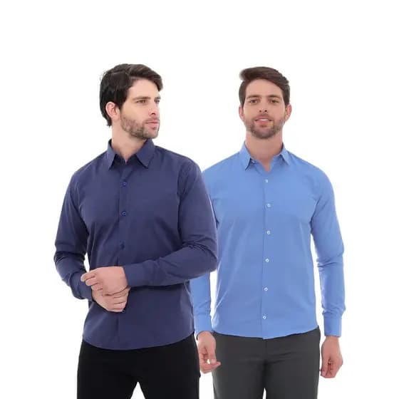 KIT Masculino 2 Peças - Camisa Social Premium Tipo Linho Azul Marinho e  Camisa Social Slim Azul Escuro