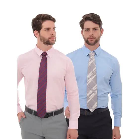 KIT Masculino 2 Peças - Camisa Social Slim Rosa e Camisa Social Slim Azul Bebê