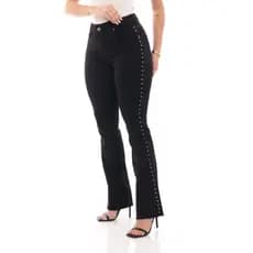 Calça Feminina Flare Jeans Preto Levanta Bumbum com Detalhes de Spike na Lateral Strass Brilho