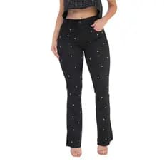 Calça Feminina Flare Jeans Preto com pontos de Strass