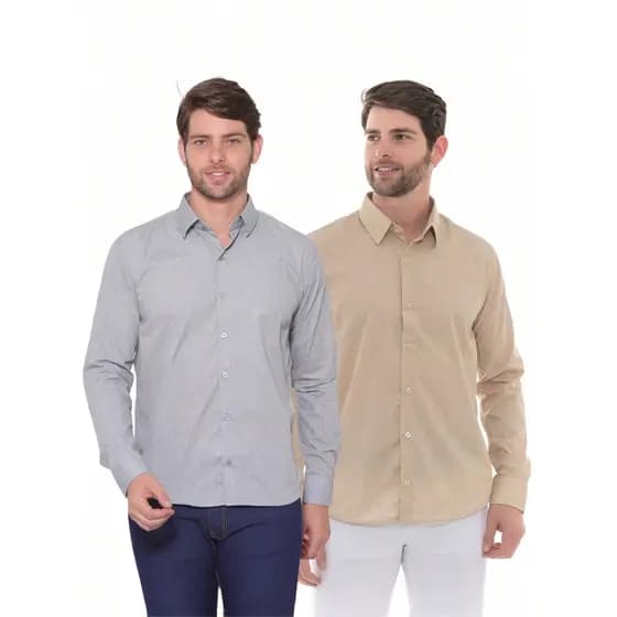 KIT Masculino 2 Peças -Camisa Social Masculina Premium Tipo Linho Smoke e Camisa Social Tipo Linho Bege