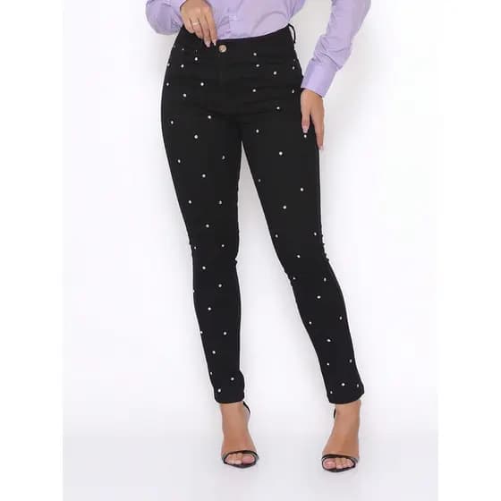 Calça Feminina Skinny Jeans Preto Pontos de Strass Levanta Bumbum Brilho