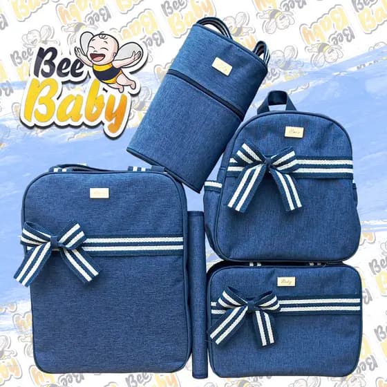 Kit De Bolsa Mala Maternidade Jeans 5 Peças