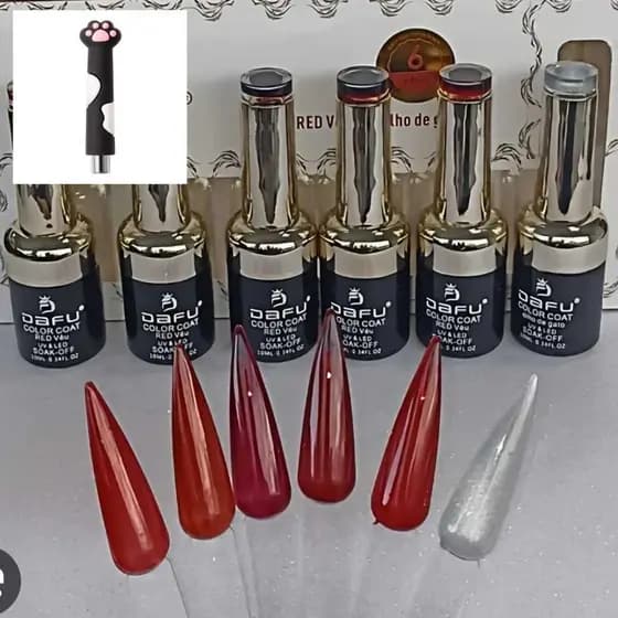 Kit Esmalte em Gel Vermelho Rebu 5 Cores Translucido + 1 Gel Magnético +Ima Patinha- Dafu Gel Verniz Novo Lançamento Gel