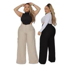 Calça Feminina Pantalona Cargo Plus Size Pantalona em Alfaiataria Elegante Wide Leg