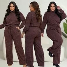 Conjunto Feminino Plus Size Manga Longa Calça Pantalona Com Elástico Elegante Gola Alta Confortável Casual