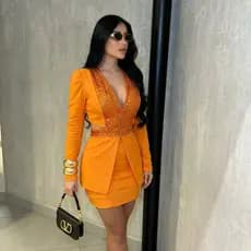 Conjunto Feminino Blazer e Short Saia Ponto Roma Paete Brilho Elegante Estiloso
