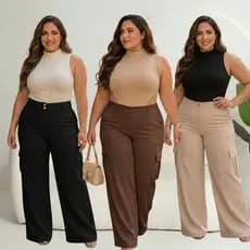Calça Feminina Pantalona Cargo Plus Size Pantalona em Alfaiataria Elegante Wide Leg