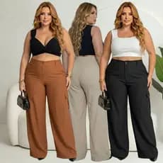 Calça Feminina Pantalona Cargo Plus Size Pantalona em Alfaiataria Elegante Wide Leg