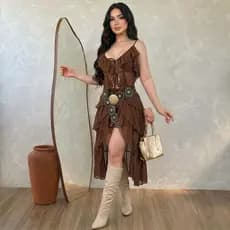 Conjunto Feminino 2 Peças Boho Chic Bababo Elegante Estiloso Tecido Crepe Short e Blusa